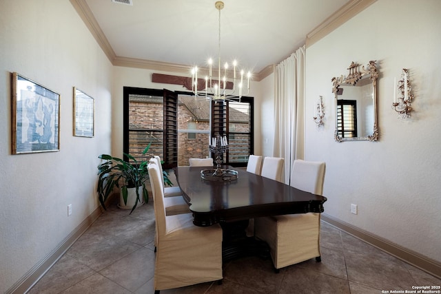 26019 Red Heron, San Antonio, TX 78261 - dining room featuring a chandelier, ornamental molding, baseboards, healthy amount of natural light, and tile patterned floors