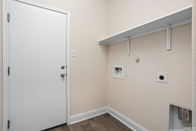 13106 Welder, San Antonio, TX 78253 - washroom with washer hookup, baseboards, dark wood-type flooring, electric dryer hookup, and hookup for a gas dryer