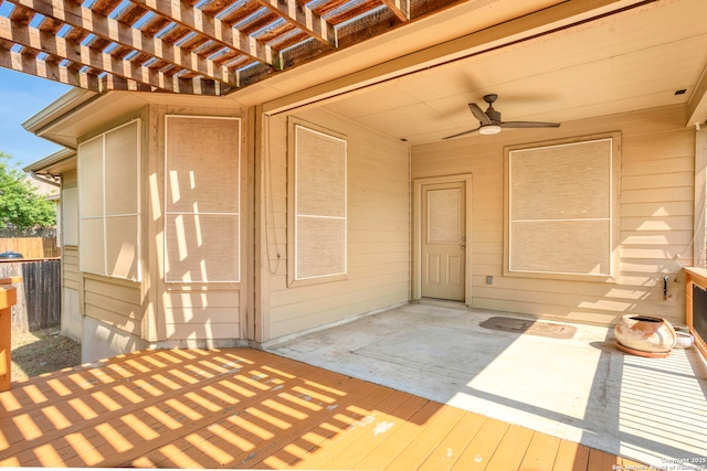 13106 Welder, San Antonio, TX 78253 - entrance to property with a deck, ceiling fan, and a pergola