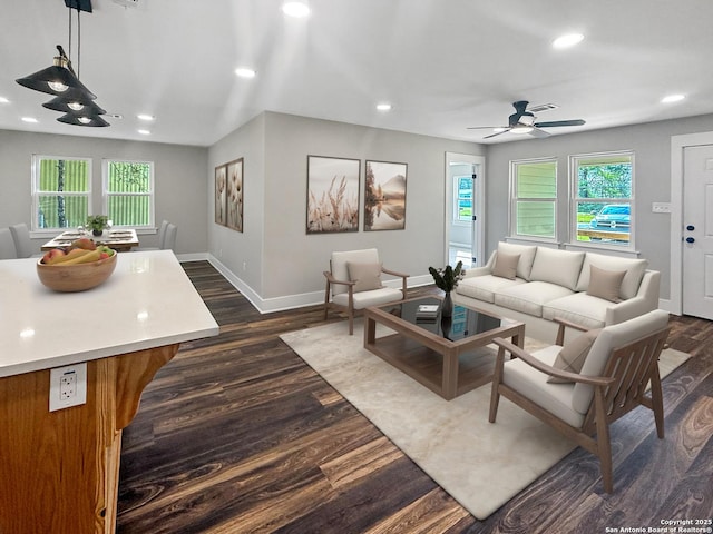 390 W Park St, Vidor, TX 77662 - living room with ceiling fan, baseboards, dark wood-style flooring, and recessed lighting