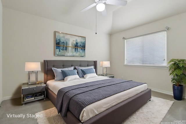 522 Mesa Rdg, San Antonio, TX 78258 - bedroom with baseboards, ceiling fan, and lofted ceiling