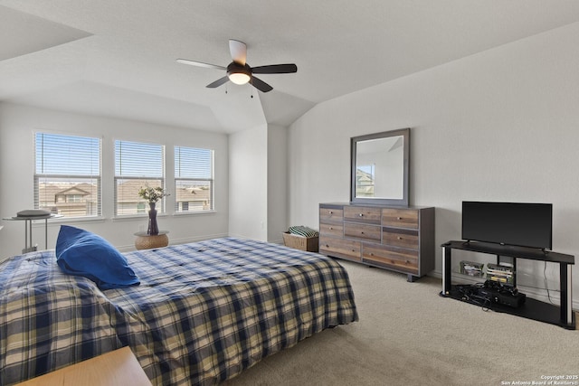 15239 Sirius Cir, San Antonio, TX 78245 - carpeted bedroom with multiple windows, baseboards, a ceiling fan, and lofted ceiling