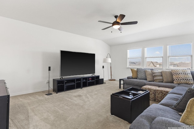 15239 Sirius Cir, San Antonio, TX 78245 - carpeted living area featuring a ceiling fan, lofted ceiling, and baseboards