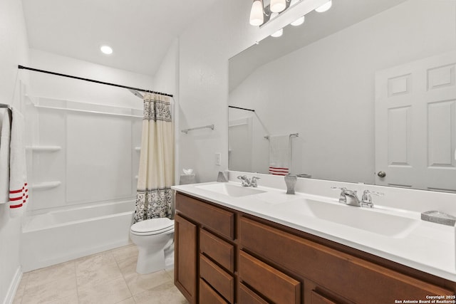 15239 Sirius Cir, San Antonio, TX 78245 - full bathroom with shower / bath combination with curtain, double vanity, toilet, and tile patterned flooring