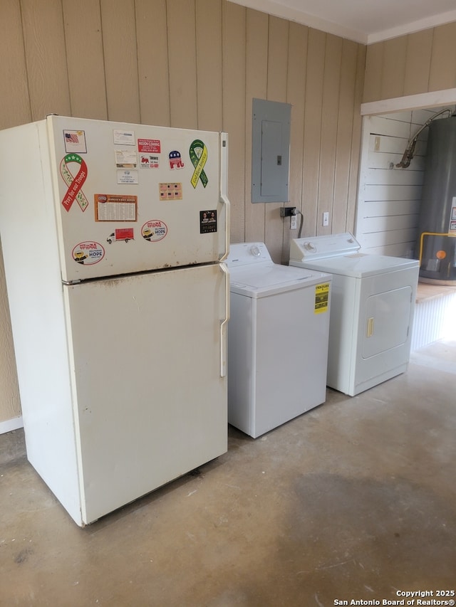 258 Galway, San Antonio, TX 78223 - laundry room with electric panel, gas water heater, washing machine and clothes dryer, and wood walls