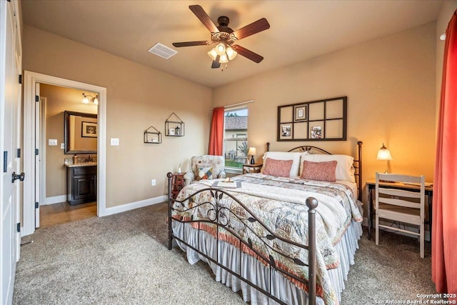 406 Breathless View St, San Antonio, TX 78260 - bedroom with carpet floors, baseboards, ceiling fan, and ensuite bath