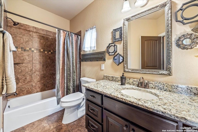 406 Breathless View St, San Antonio, TX 78260 - bathroom with a textured wall, vanity, toilet, and shower / bath combo