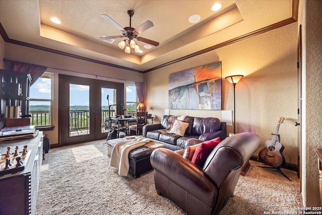406 Breathless View St, San Antonio, TX 78260 - living room featuring french doors, a raised ceiling, carpet floors, ceiling fan, and recessed lighting
