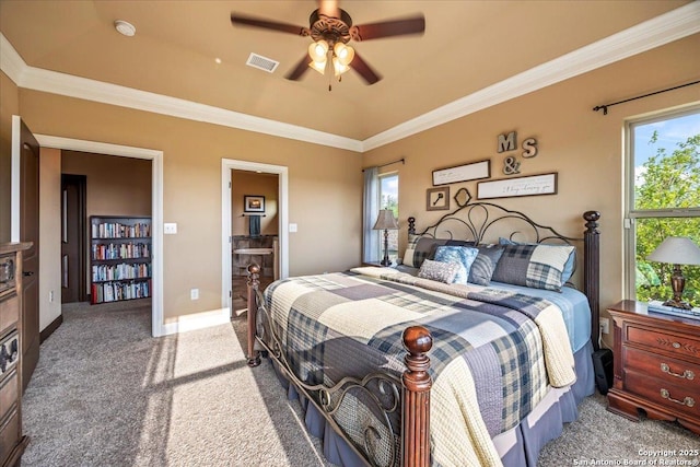 406 Breathless View St, San Antonio, TX 78260 - bedroom featuring carpet, ornamental molding, baseboards, and a ceiling fan