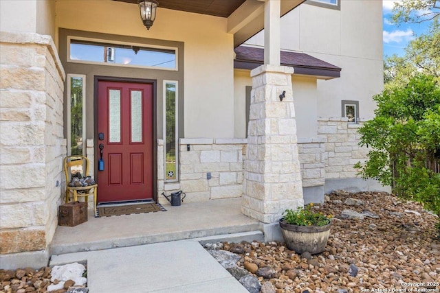 406 Breathless View St, San Antonio, TX 78260 - view of exterior entry featuring stone siding and stucco siding