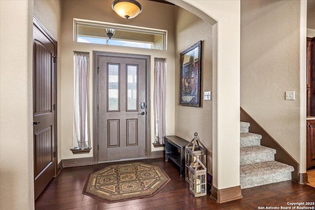 406 Breathless View St, San Antonio, TX 78260 - entrance foyer with hardwood / wood-style floors, stairway, arched walkways, baseboards, and a textured wall
