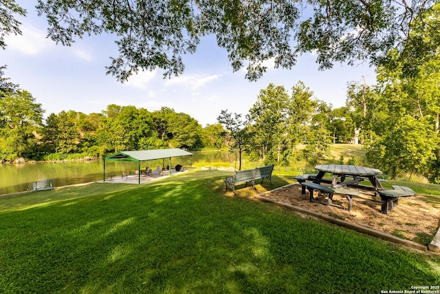 116 Seth Raynor, New Braunfels, TX 78130 - view of green lawn with a gazebo, a water view, and view of wooded area