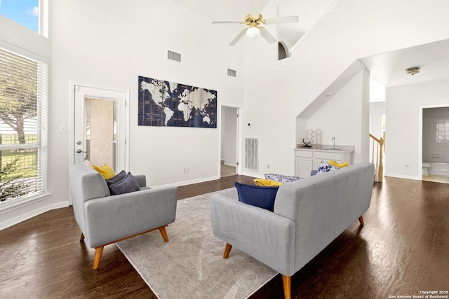 116 Seth Raynor, New Braunfels, TX 78130 - living room featuring healthy amount of natural light, wood finished floors, a towering ceiling, ceiling fan, and baseboards