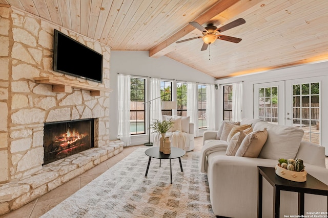 219 Ridgehaven, San Antonio, TX 78209 - tiled living area featuring wood ceiling, ceiling fan, a fireplace, and french doors