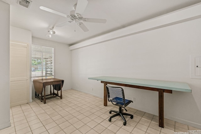 219 Ridgehaven, San Antonio, TX 78209 - office area with electric panel, a ceiling fan, baseboards, and light tile patterned flooring