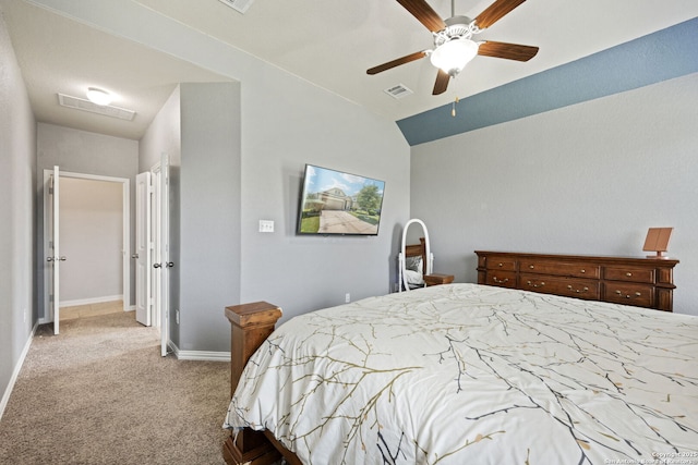 13818 Cohan Way, San Antonio, TX 78253 - bedroom featuring light colored carpet, baseboards, lofted ceiling, and a ceiling fan