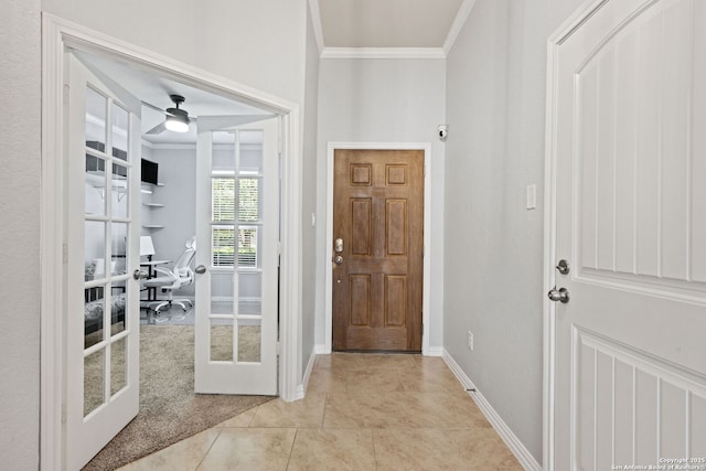 13818 Cohan Way, San Antonio, TX 78253 - foyer entrance featuring french doors, ornamental molding, baseboards, ceiling fan, and light tile patterned floors