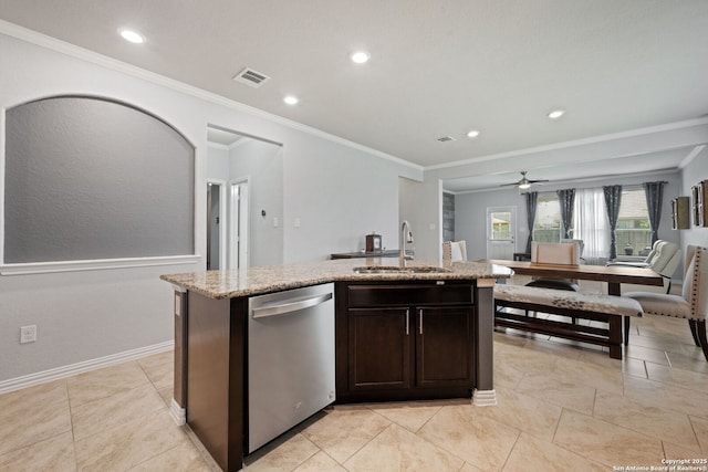 13818 Cohan Way, San Antonio, TX 78253 - kitchen with dishwasher, a sink, a center island with sink, crown molding, and light stone countertops