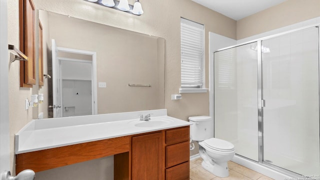 4527 Southton Way, San Antonio, TX 78223 - bathroom featuring toilet, a stall shower, vanity, and tile patterned flooring
