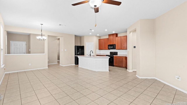 4527 Southton Way, San Antonio, TX 78223 - kitchen featuring black appliances, a sink, a ceiling fan, light countertops, and light tile patterned flooring