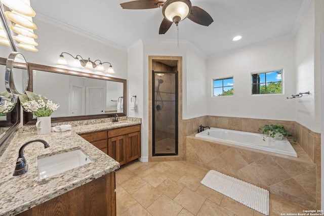 154 Lake View Dr, Boerne, TX 78006 - bathroom with double vanity, a stall shower, a garden tub, a ceiling fan, and crown molding