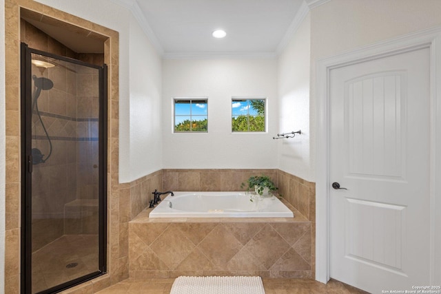 154 Lake View Dr, Boerne, TX 78006 - bathroom featuring a garden tub, a stall shower, crown molding, and tile patterned floors
