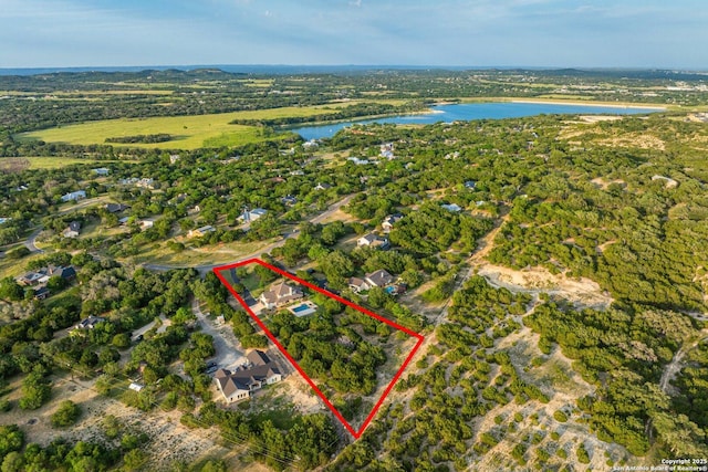 154 Lake View Dr, Boerne, TX 78006 - aerial view of property and surrounding area featuring a nearby body of water and property boundaries highlighted