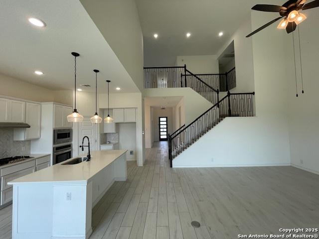 12023 Horseshoe, San Antonio, TX 78254 - kitchen with stainless steel appliances, a sink, white cabinets, ceiling fan, and light wood-style floors
