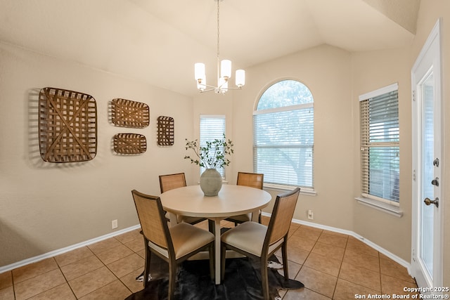 21931 Ruby Run, San Antonio, TX 78259 - dining room with light tile patterned floors, lofted ceiling, a chandelier, and baseboards