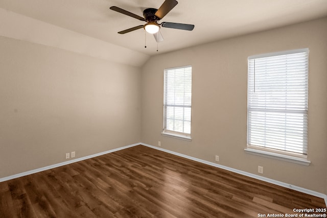 21931 Ruby Run, San Antonio, TX 78259 - unfurnished room with a ceiling fan, dark wood-style floors, baseboards, and vaulted ceiling