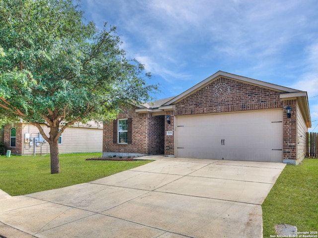 7071 Capeshaw, San Antonio, TX 78252 - view of front facade featuring brick siding, concrete driveway, a front lawn, and a garage