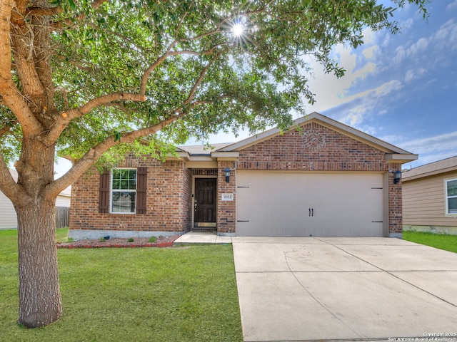 7071 Capeshaw, San Antonio, TX 78252 - single story home with brick siding, concrete driveway, a front lawn, and a garage