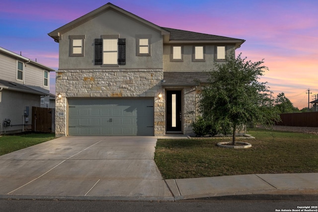 2546 Verona Way, San Antonio, TX 78259 - traditional-style home featuring stone siding, driveway, an attached garage, and stucco siding