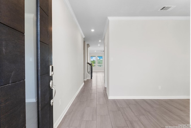 2546 Verona Way, San Antonio, TX 78259 - hall featuring crown molding, baseboards, and recessed lighting