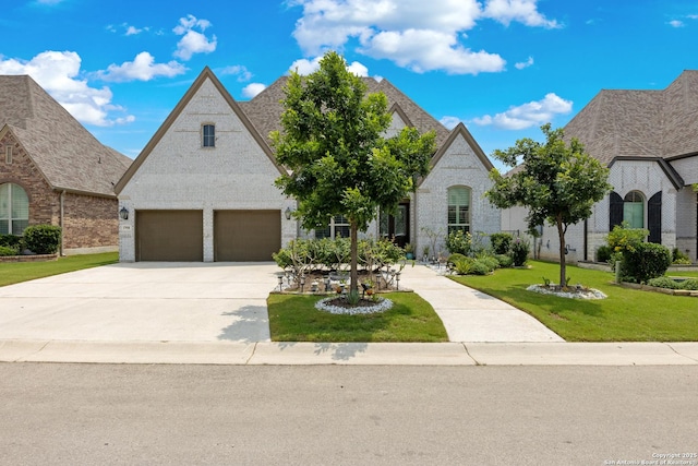 17918 Cantera Ct, San Antonio, TX 78255 - french country home with brick siding, a front lawn, concrete driveway, and a garage