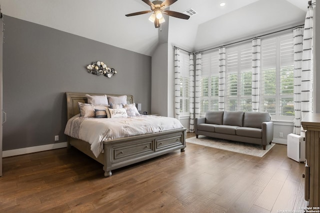17918 Cantera Ct, San Antonio, TX 78255 - bedroom featuring wood finished floors, lofted ceiling, a ceiling fan, recessed lighting, and baseboards