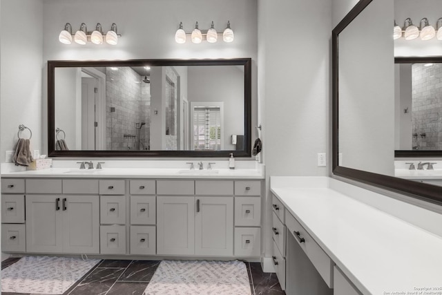 17918 Cantera Ct, San Antonio, TX 78255 - bathroom featuring marble finish floors, a shower stall, and double vanity