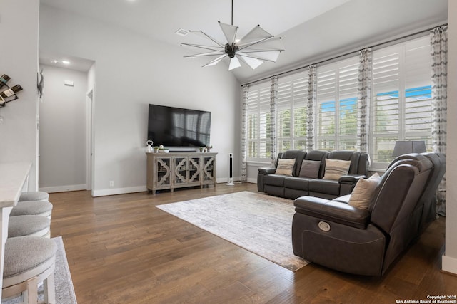 17918 Cantera Ct, San Antonio, TX 78255 - living room with baseboards, high vaulted ceiling, wood finished floors, and recessed lighting