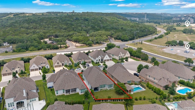 17918 Cantera Ct, San Antonio, TX 78255 - aerial perspective of suburban area with property boundaries highlighted and a pool