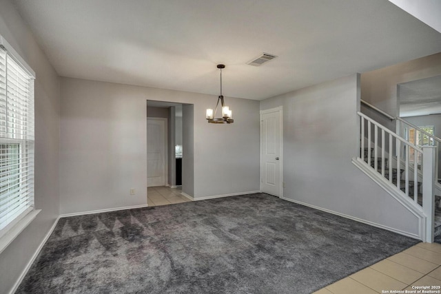 1632 Dogwood Ln, Schertz, TX 78154 - unfurnished dining area with a chandelier, stairs, carpet floors, and tile patterned floors