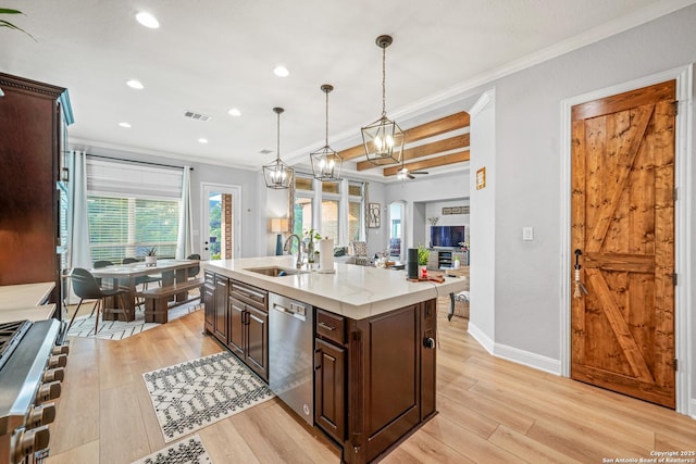 17055 Sonoma, San Antonio, TX 78255 - kitchen with stainless steel dishwasher, a sink, ornamental molding, dark brown cabinetry, and light wood-style floors
