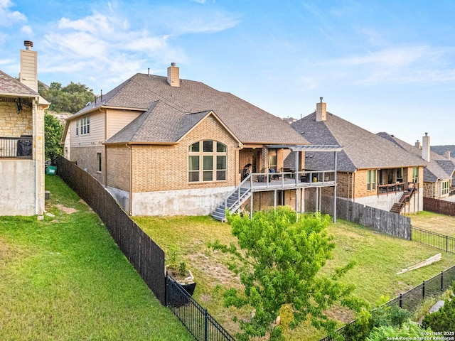 17055 Sonoma, San Antonio, TX 78255 - rear view of house with stairs, brick siding, and a chimney