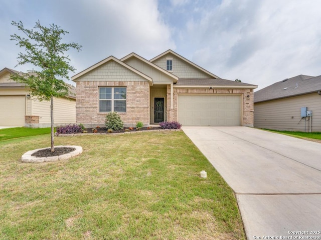 1136 Amber Lk, Seguin, TX 78155 - view of front facade with brick siding, a garage, driveway, and a front yard