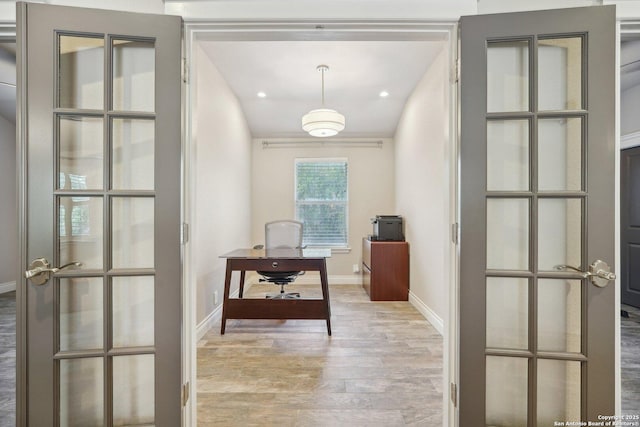 2834 Olive Ave, Schertz, TX 78154 - hall featuring a desk, light wood-style floors, french doors, and baseboards