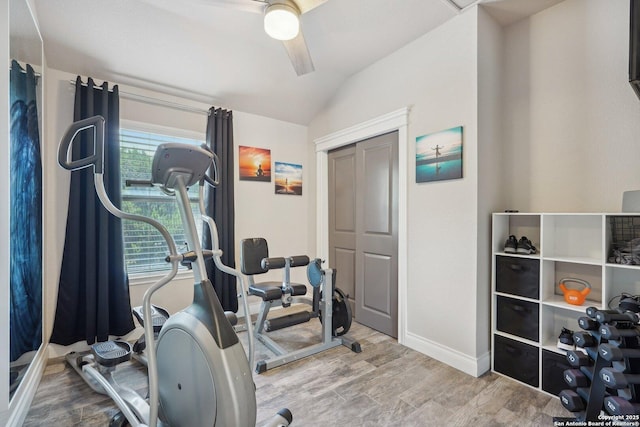 2834 Olive Ave, Schertz, TX 78154 - exercise area featuring wood finished floors, baseboards, vaulted ceiling, and a ceiling fan