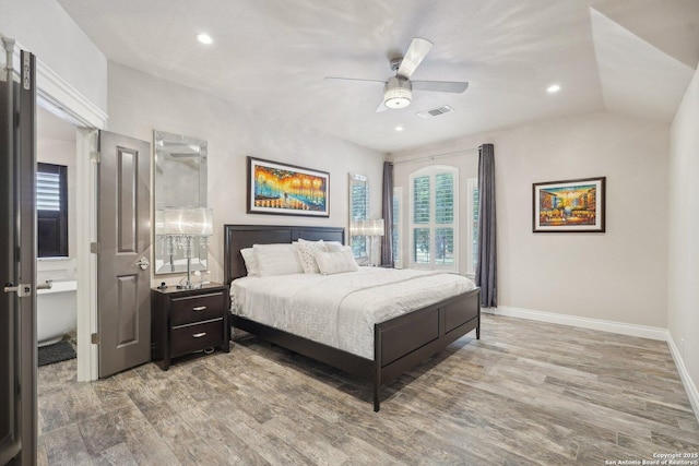 2834 Olive Ave, Schertz, TX 78154 - bedroom with light wood-style floors, recessed lighting, baseboards, and ceiling fan