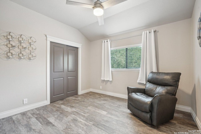 2834 Olive Ave, Schertz, TX 78154 - living area featuring vaulted ceiling, wood finished floors, baseboards, and a ceiling fan