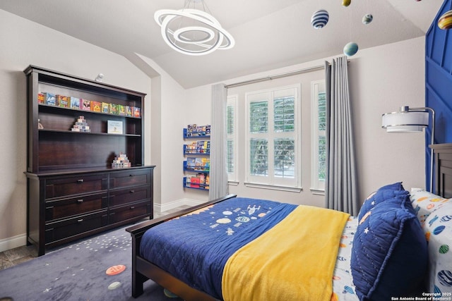 2834 Olive Ave, Schertz, TX 78154 - bedroom featuring a chandelier, lofted ceiling, and baseboards
