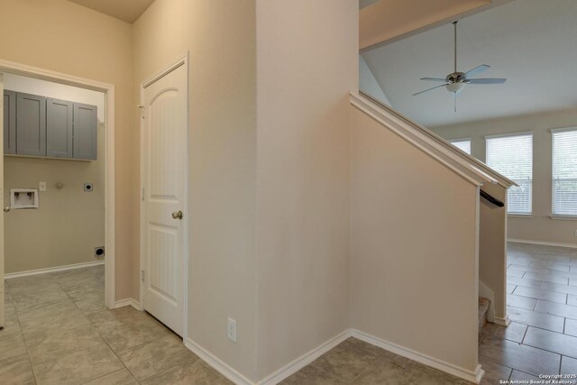 913 Pipe Gate, Cibolo, TX 78108 - hallway with stairway, light tile patterned floors, baseboards, and lofted ceiling
