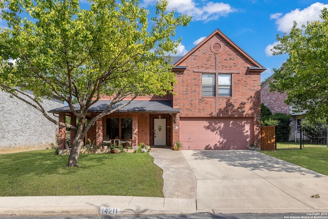 14211 Edge Pt, San Antonio, TX 78230 - view of front of house featuring a garage, driveway, brick siding, and covered porch